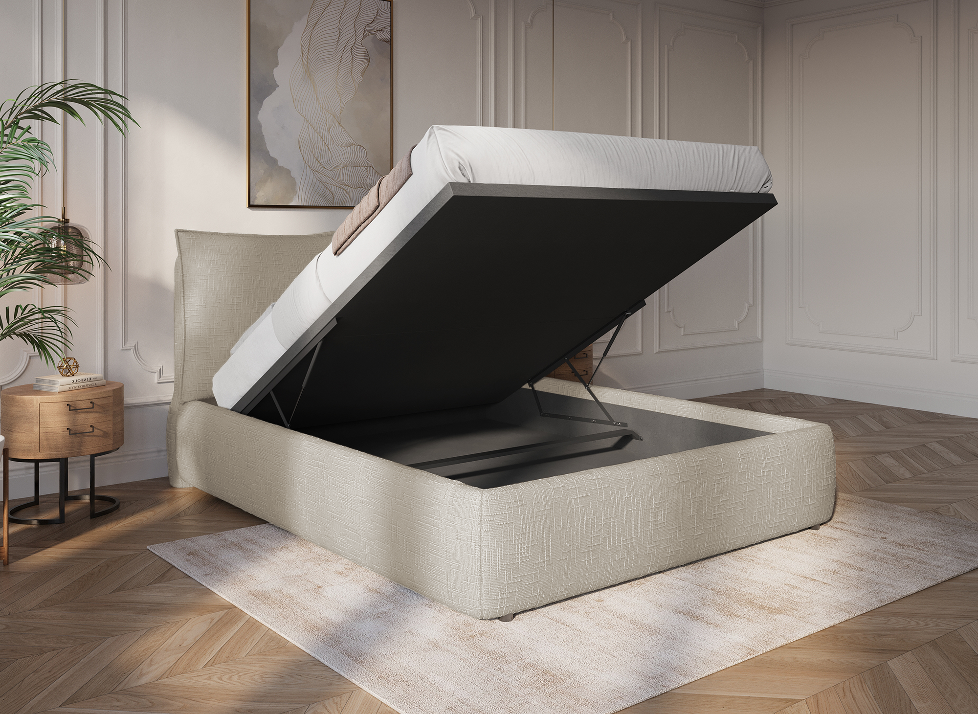 Lit coffre en velours chiné taupe 140x190 cm MELY