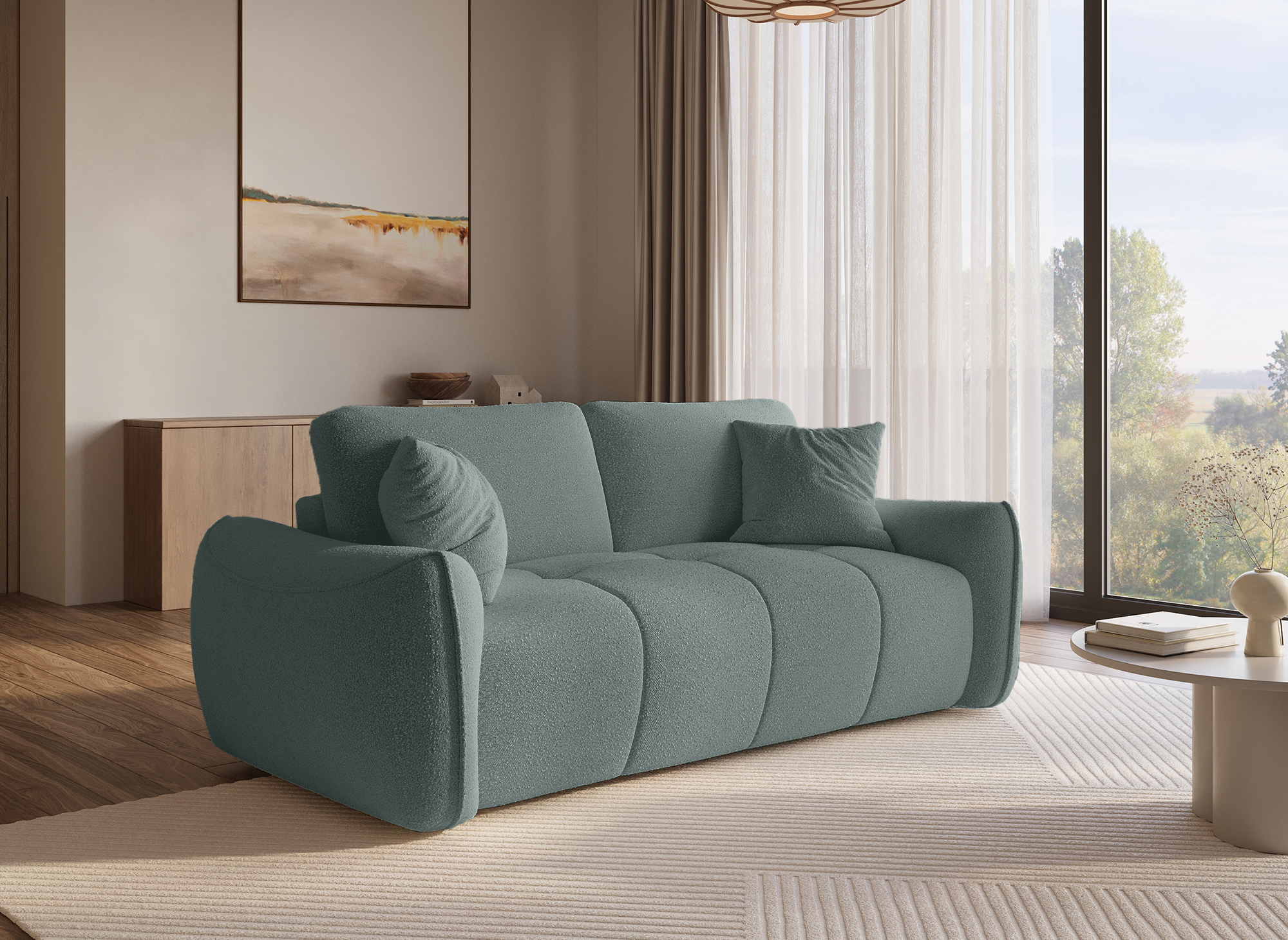 Canapé 3 places en tissu bouclette vert d'eau EZRA