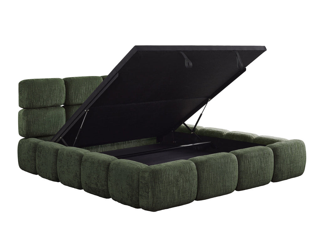 Lit coffre en velours chiné vert olive 160x200 cm BUBBLE