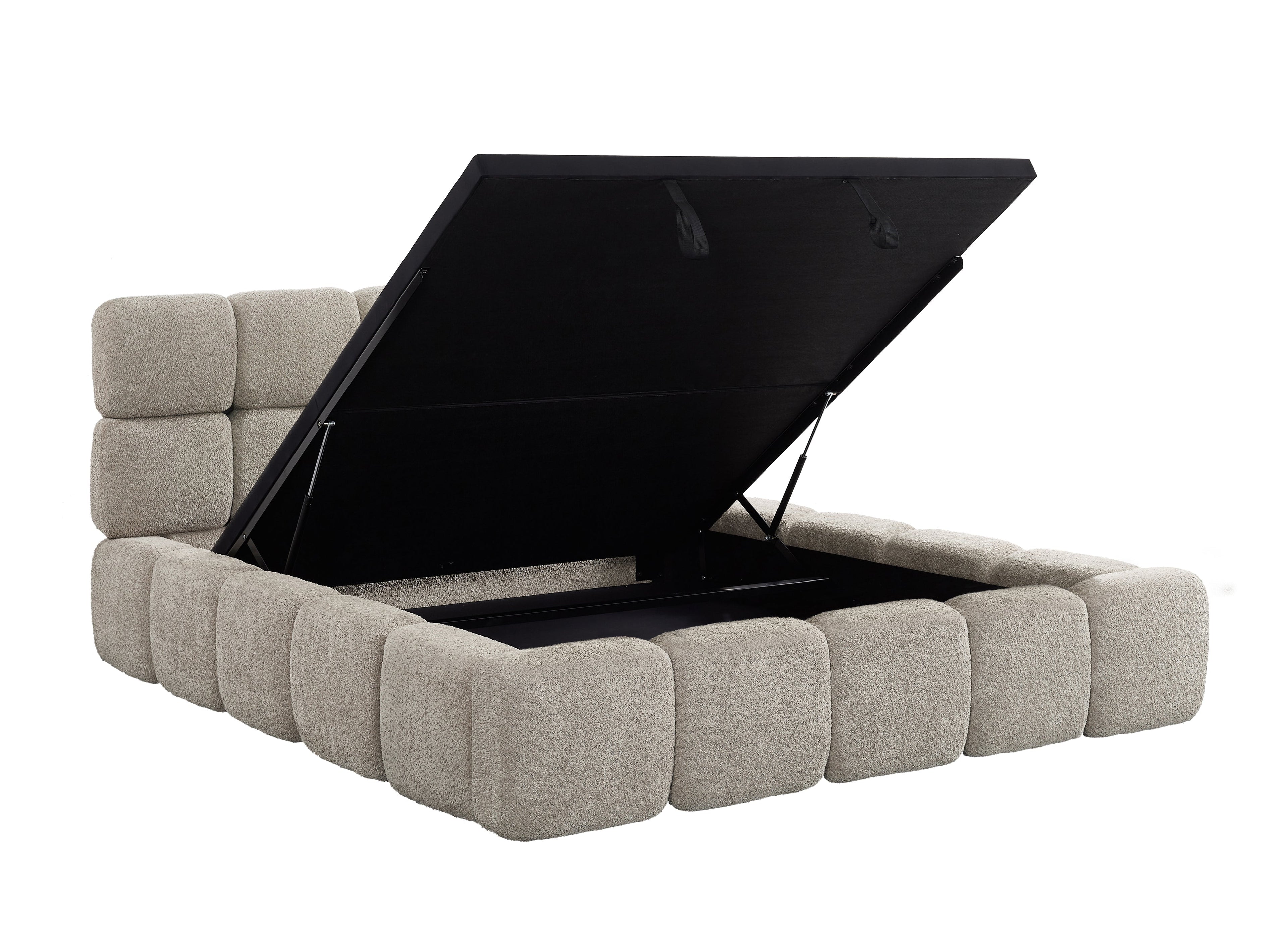 Lit coffre tissu bouclette taupe 180x200 cm BUBBLE