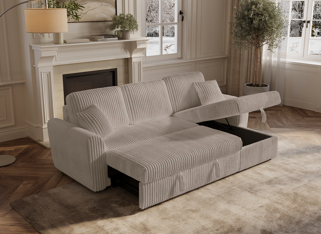 Canapé d'angle convertible et réversible avec coffre en velours côtelé épais  taupe ADRYEN