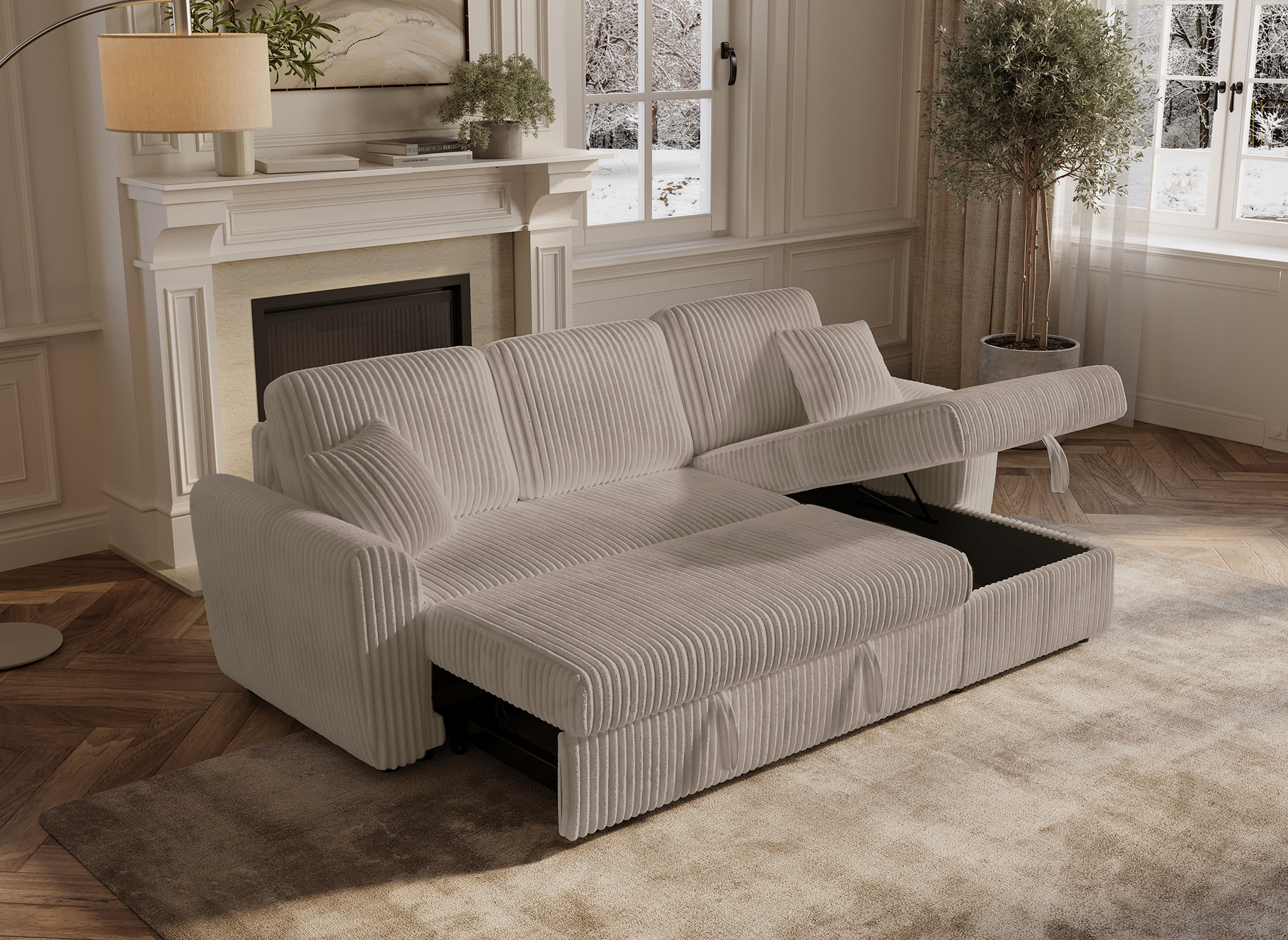 Canapé d'angle convertible et réversible avec coffre en velours côtelé épais  taupe ADRYEN