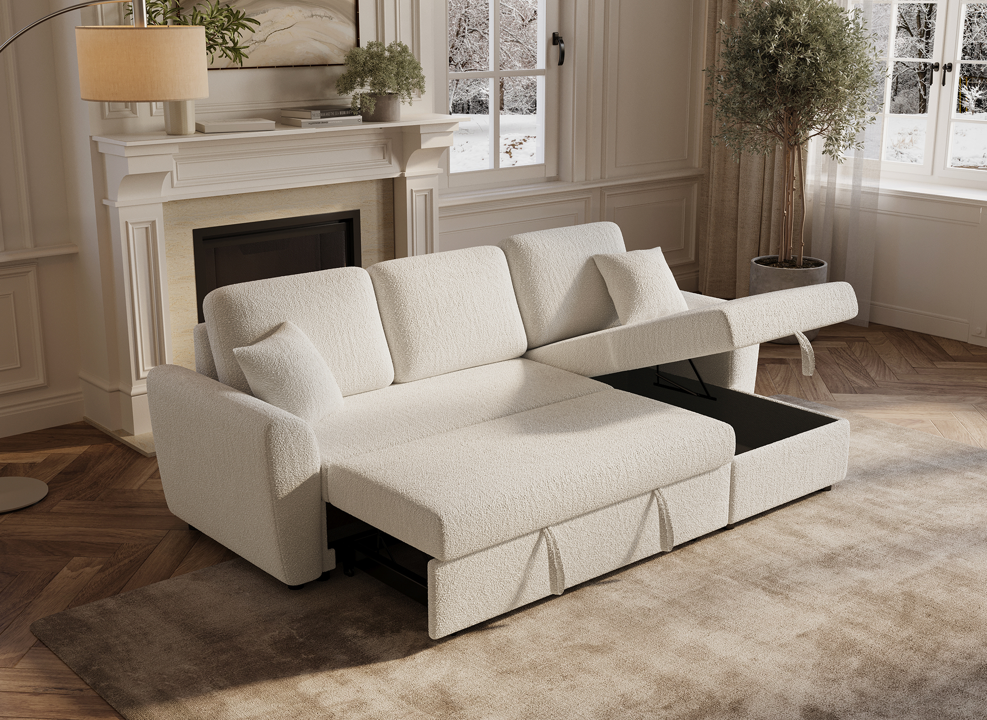 Canapé d'angle convertible et réversible avec coffre en tissu bouclette beige ADRYEN