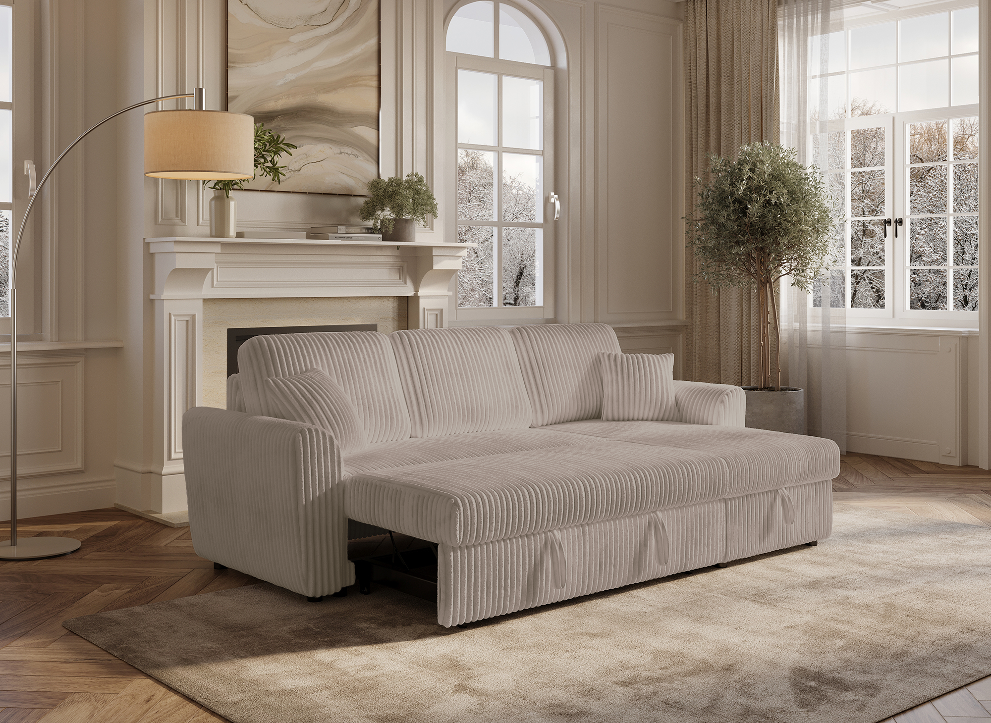 Canapé d'angle convertible et réversible avec coffre en velours côtelé épais  taupe ADRYEN