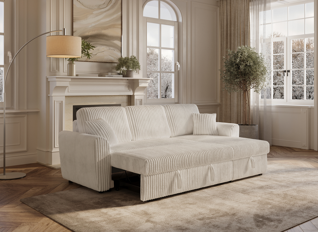 Canapé d'angle convertible et réversible avec coffre en velours côtelé épais beige ADRYEN