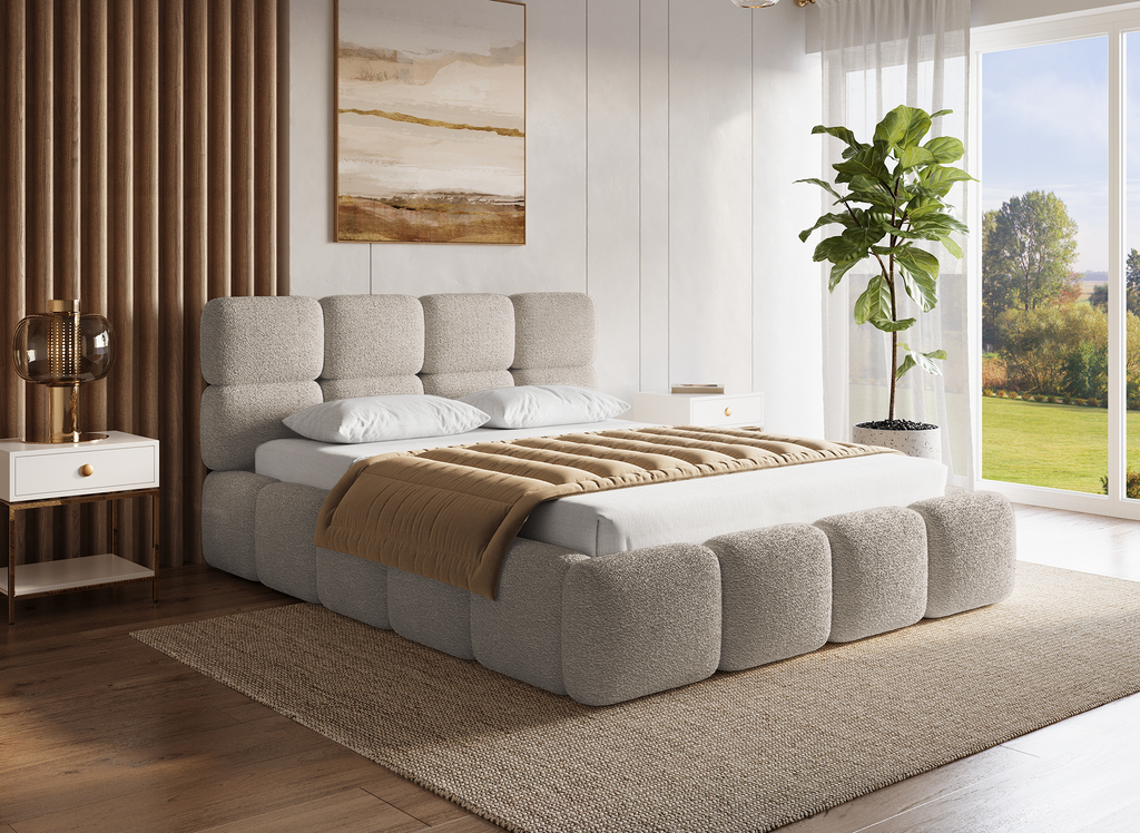 Lit coffre en tissu bouclette taupe 160x200 cm BUBBLE