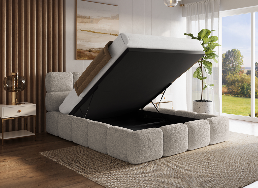 Lit coffre en tissu bouclette taupe 140x190 cm BUBBLE