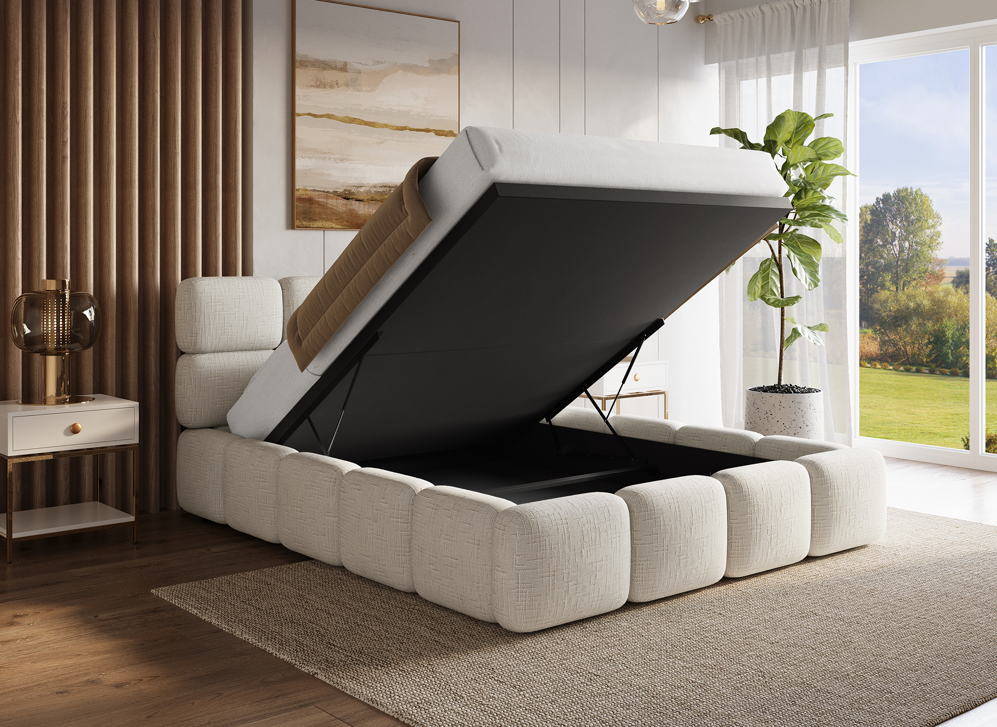 Lit coffre en velours chiné beige 140x190 cm BUBBLE