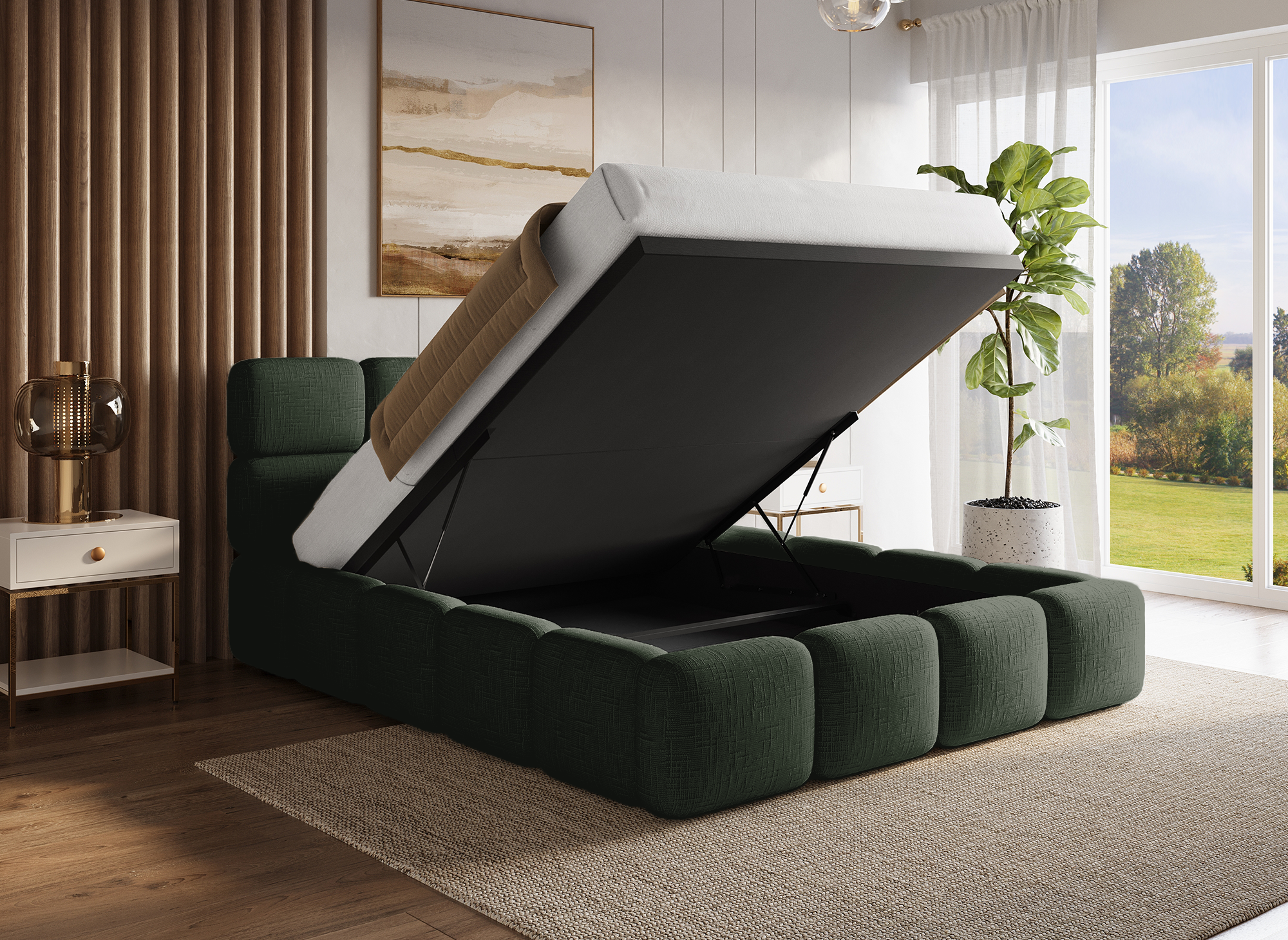 Lit coffre en velours chiné vert olive 160x200 cm BUBBLE