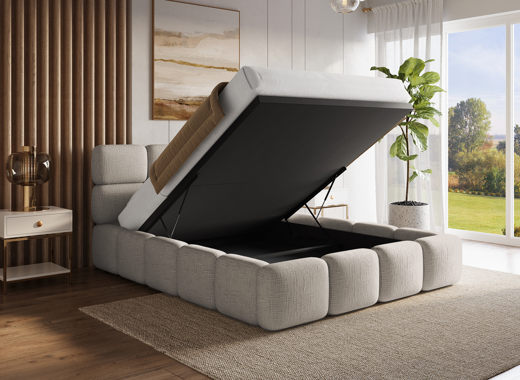 Lit coffre en velours chiné taupe 140x190 cm BUBBLE